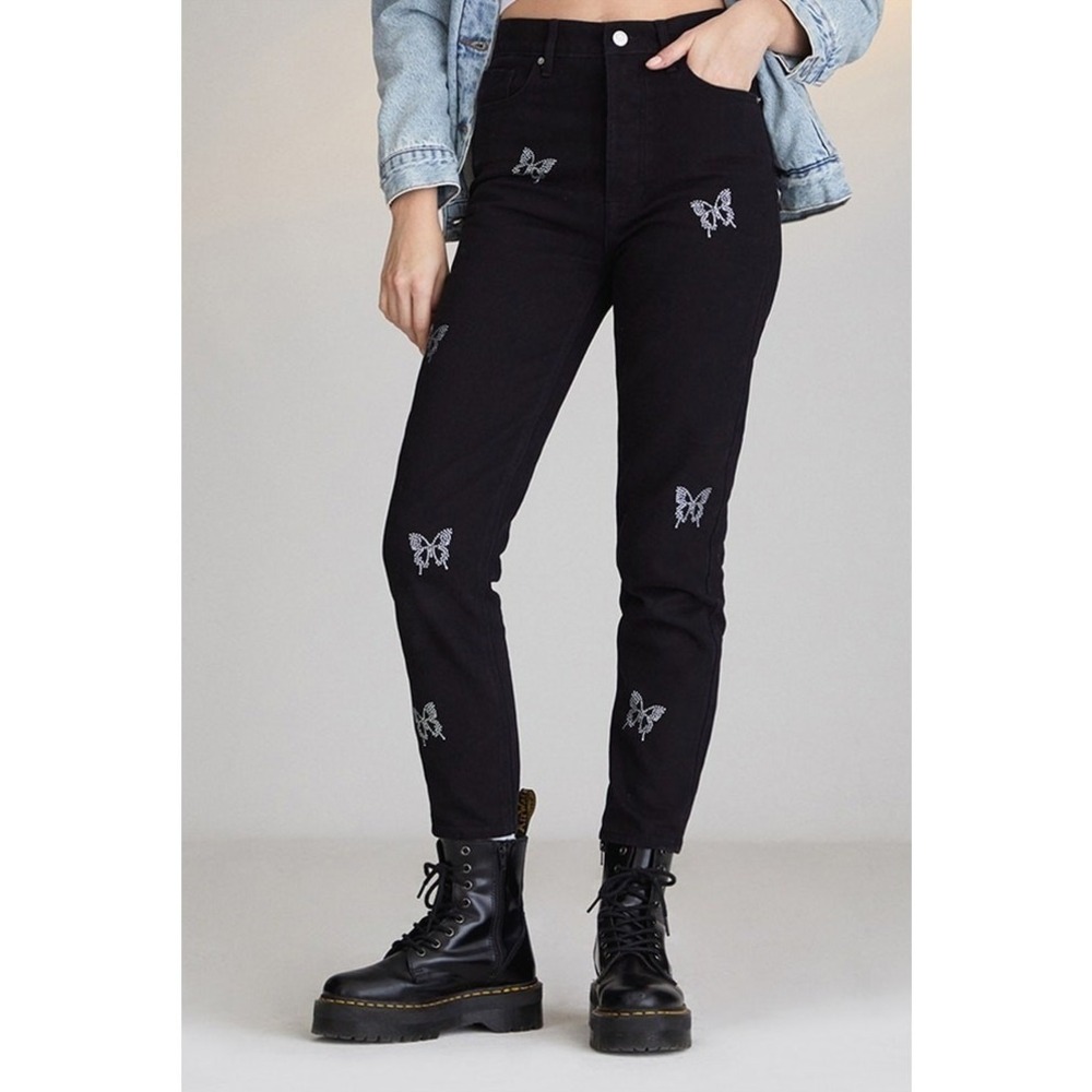 PacSun Butterfly Rhinestone Ultra High Rise Slim Jeans Womens 23 Black y2k